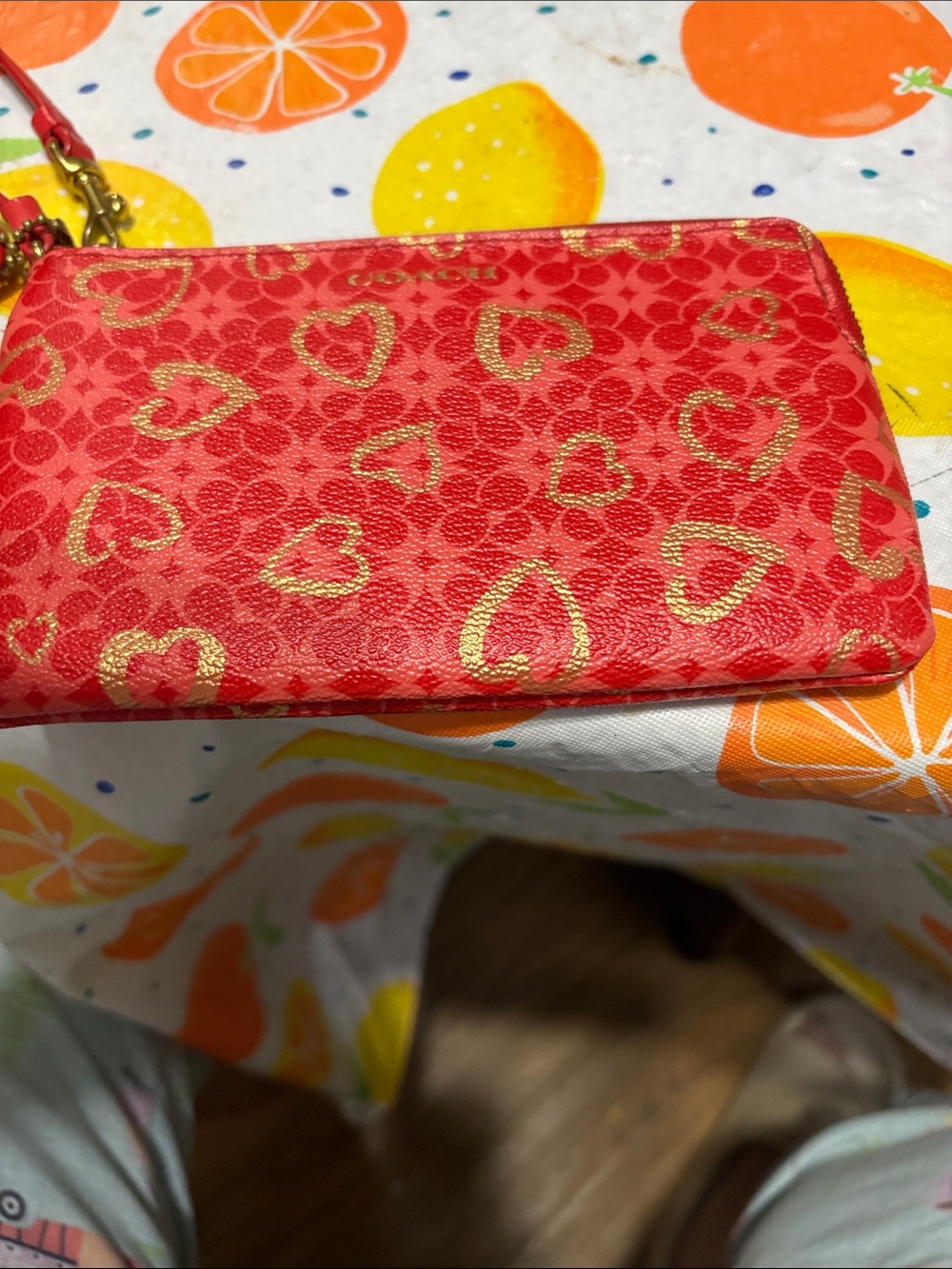 Coach Red Wristlet with Gold Heart Print - Picture 6 of 16